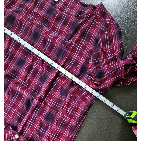 J Jill Womens Size L Maroon Pink Plaid Tunic Blouse Top Front Pocket Pullover - Picture 3 of 7